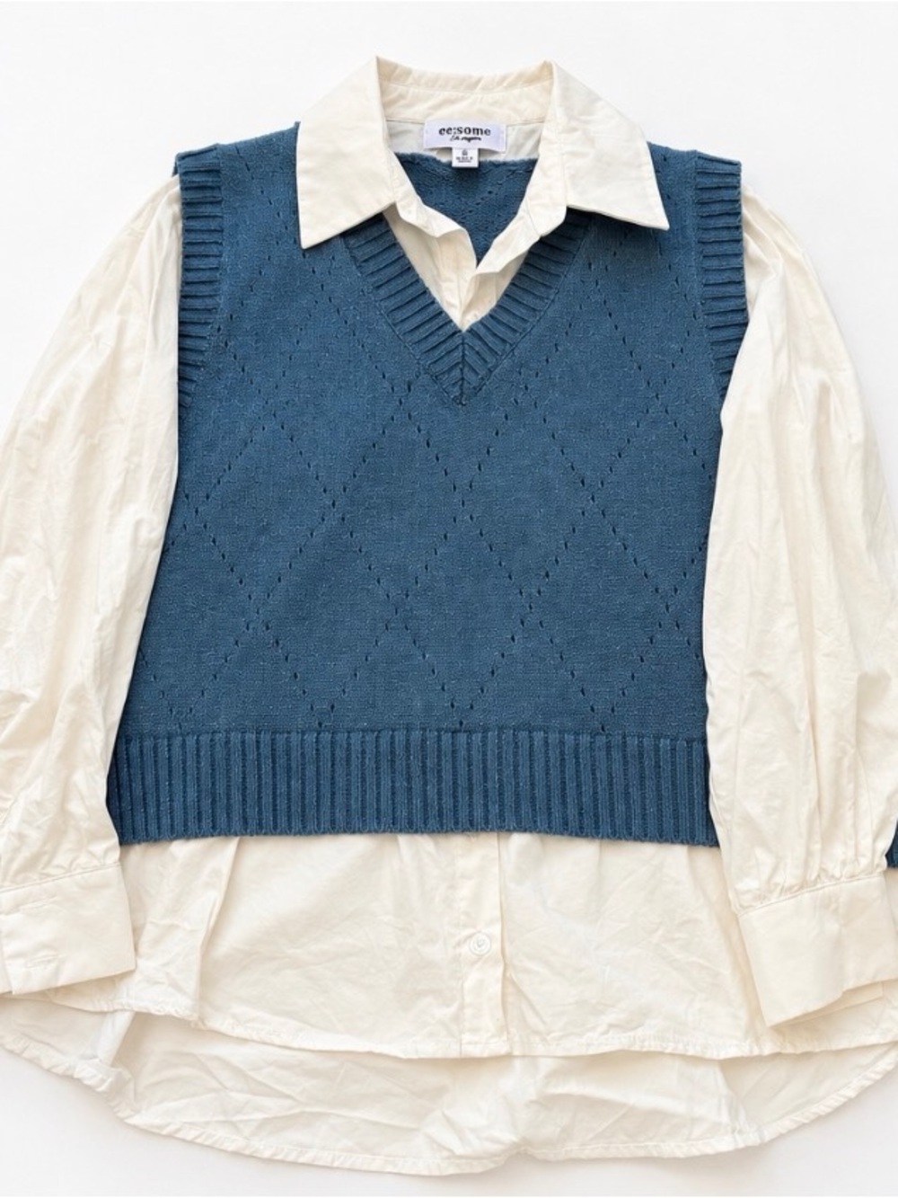 ee:some Los Angeles Blue Sweater Vest & Ivory Button-Down Shirt Layered Top Size